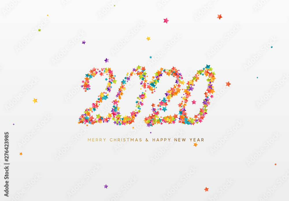2020 New Year. Text of shiny colorful confetti, tinsel sparkles with bright serpentine. Numbers multicolored