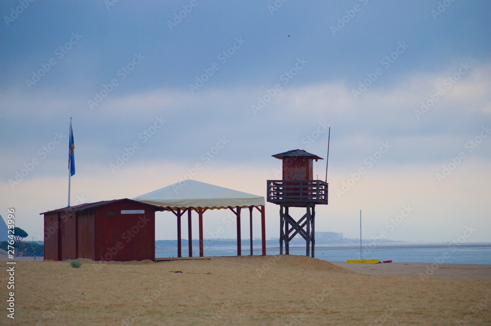 A lifeguard tower in a deserted beach of Huelva, Spain