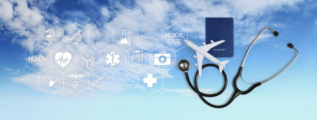 international medical travel insurance concept, stethoscope, passport and airplane, with icons and symbols isolated on white background