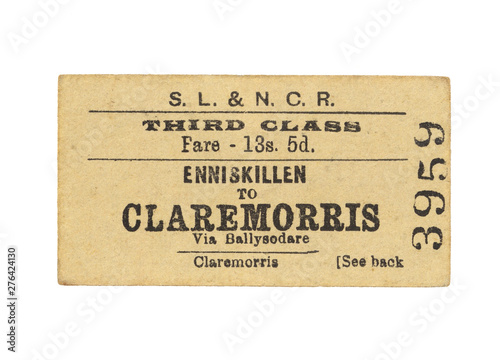 Fahrkarte Zug Irland Vintage Train Tickets Ireland alt old retro 3959 enniskillen claremorris ballysodare claremorris dritte klasse third class beige photo