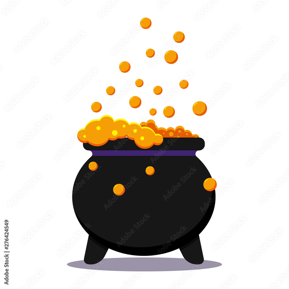 Halloween witches black cauldron with poison potion isolated on white