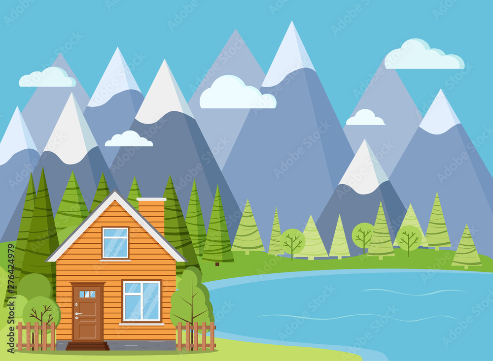 Spring or summer lake landscape scene: wooden rural farm house with chimney, attic, green trees, spruces, clouds, mountains, sky, grass in flat cartoon style. Summer vector background illustration.