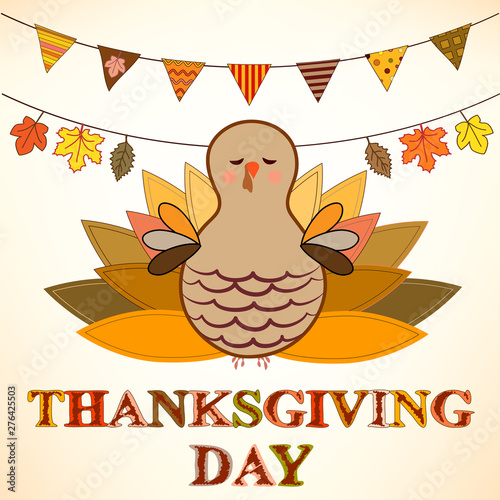 Thanksgiving day greeting card, illustration of turkey bird with garland on white background, vector cartoon drawing of turkey clipart and autumn leaves