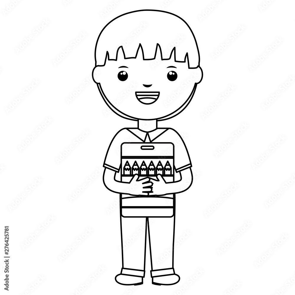 cute little student boy with colors pencils box cute little student boy with colors pencils box