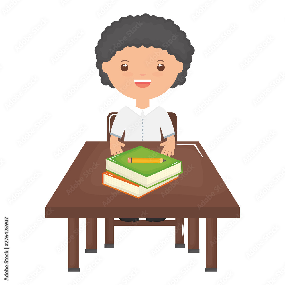 cute little student boy with books in schooldesk cute little student boy with books in schooldesk