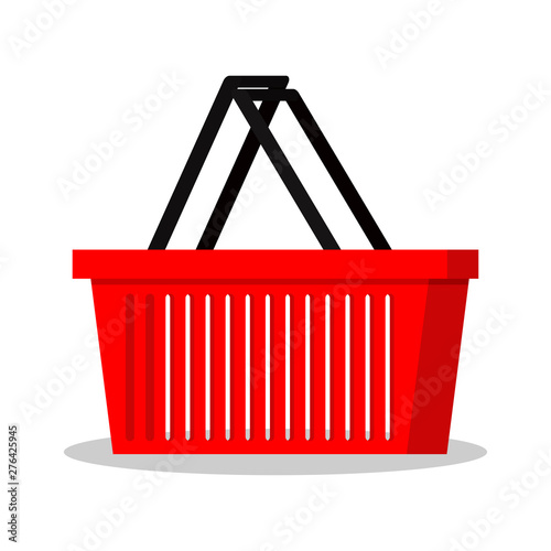 Simple template of red shopping basket. Flat style supermarket store basket icon isolated on white background. Cartoon design element vector Illustration. Good for web and mobile design.