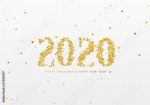 2020 New Year. Text of sequins shiny golden confetti, tinsel sparkles with bright serpentine. Numbers gold