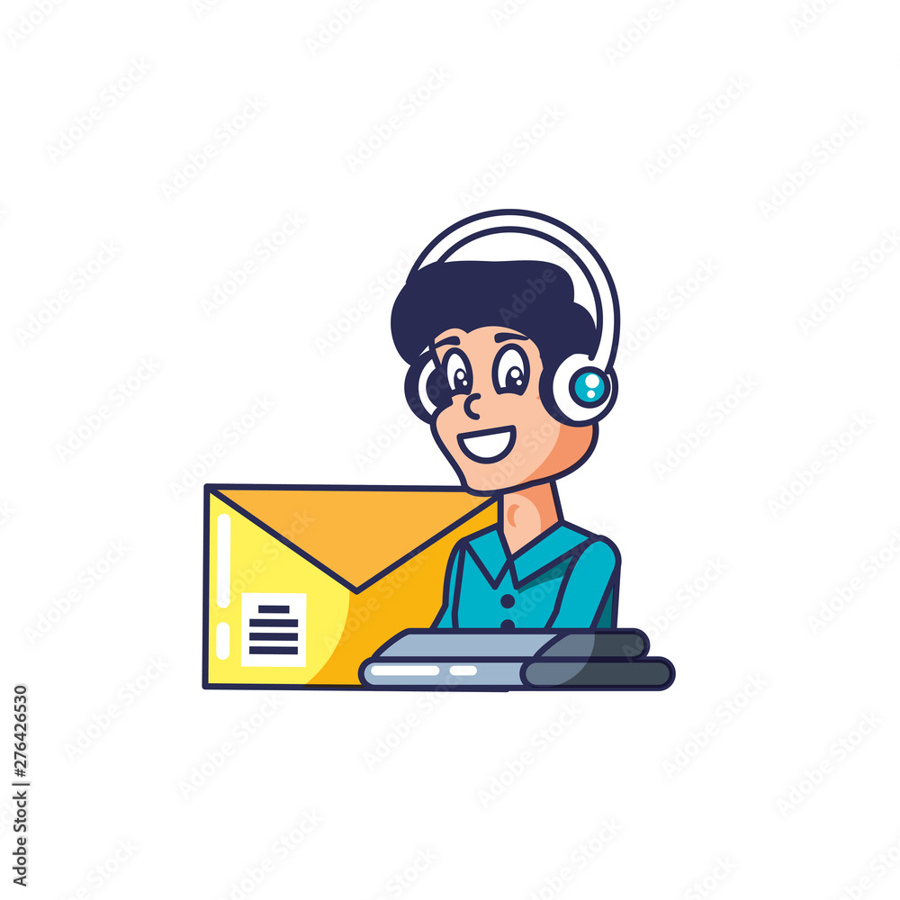 customer service agent with headset and envelope