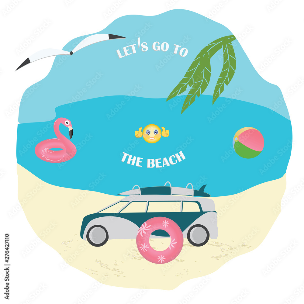 Obraz premium Inflatable swimming circle Flamingo, ball, circle, car - water, shore, gull - vector. Summer time. Travel Poster. Banner.