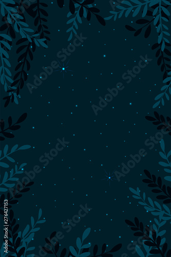 Night sky background. Tops trees with star.