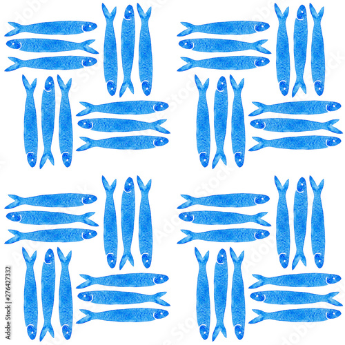 Hand drawn marine seamless pattern  a group of anchovy fish on white background. Design for textile, wallpaper, card, menu, market photo