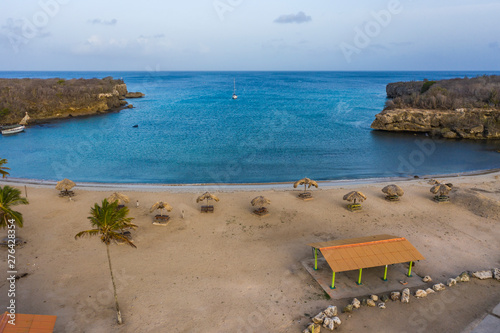 Aerial view over beach of Sta. Cruz on the western side of  Cura  ao Caribbean  Dutch Antilles