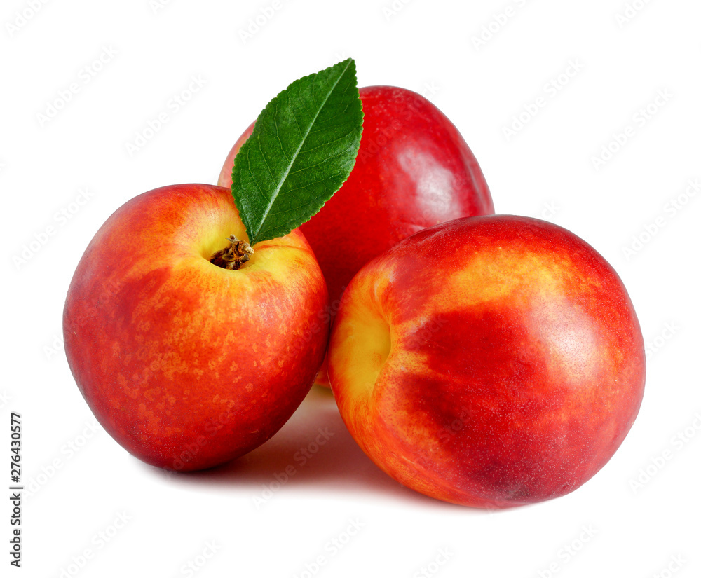 peaches nectarines green leaves isolated on white background peaches nectarines green leaves isolated on white background