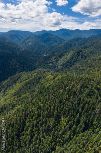 Seen from a bird's eye view, a forest covers the hills surrounding Ashland, a quaint city in southern Oregon. This area is known for mountain biking and the Oregon Shakespeare Festival. © ead72