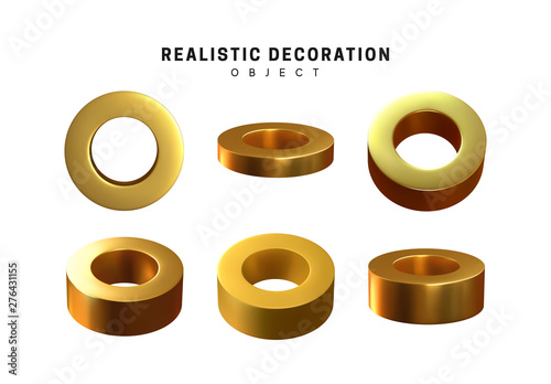 Golden geometric 3d object isolated on white background. Gold metallic geometry elements. Realistic vector illustration.