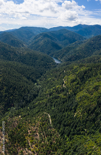 Seen from a bird's eye view, a forest covers the hills surrounding Ashland, a quaint city in southern Oregon. This area is known for mountain biking and the Oregon Shakespeare Festival.