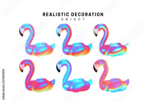 Set of flamingo bird with gradient holographic color of holograms. Decorative design elements. Realistic shape 3d objects.