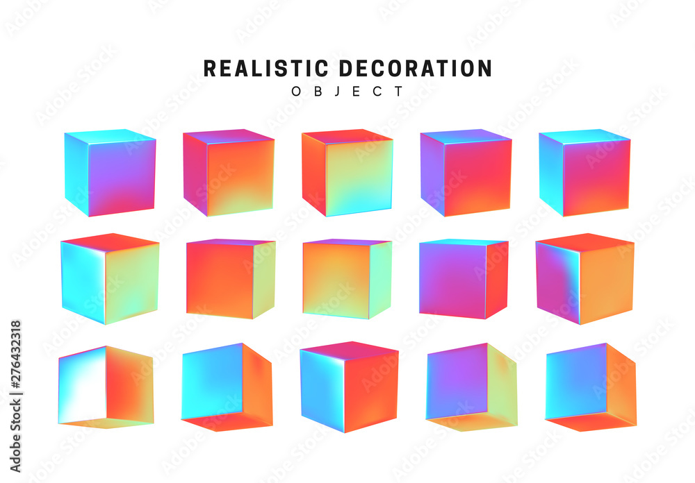 cube collection. set of geometric 3d objects isolated on white background. Gradient hologram color shades. Realistic elements vector cube collection. set of geometric 3d objects isolated on white background. Gradient hologram color shades. Realistic elements vector