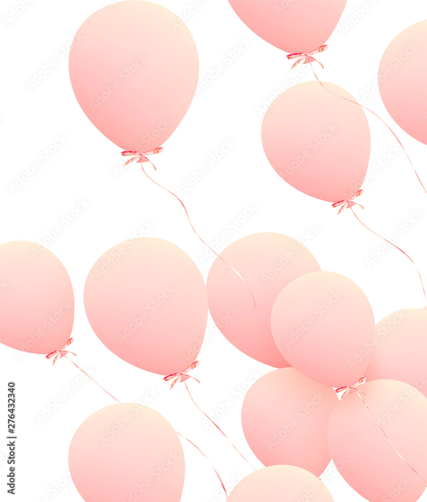 Festive background with helium balloons. Celebrate a birthday, Poster, banner happy anniversary. Realistic decorative design elements. Vector 3d object ballon with ribbon, pink color. greeting card