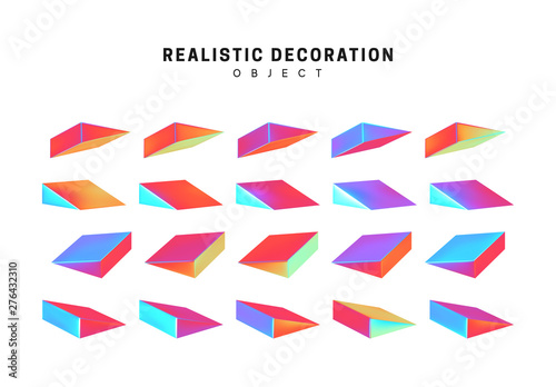 set of geometric 3d objects isolated on white background. Gradient hologram color shades. Realistic elements vector