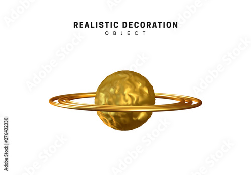 Golden 3d planet Saturn isolated on white background. Gold icon, realistic shape design element, logo