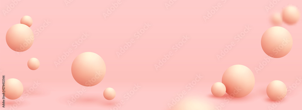 Pink spheres of balls on coral background. Realistic 3d shapes. Horizontal banner, poster, header pattern for the website. vector illustration