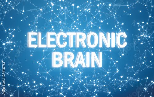 Electronic brain on digital interface and blue network background