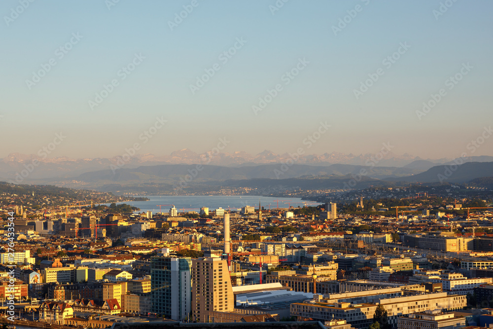 Zurich, Switzerland - 6 July 2019: the city of Zurich, a mountain rising offering a panoramic view of the whole city of Zurich. View of Zurich lake.