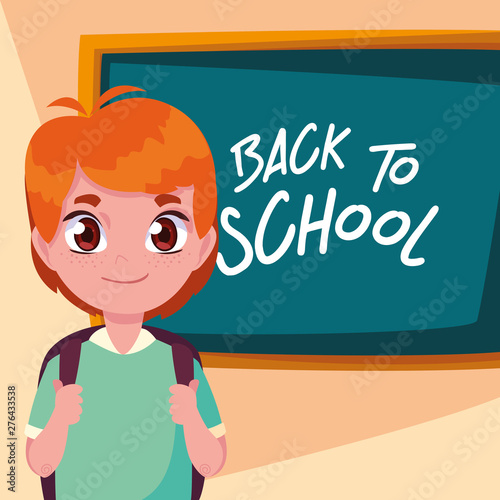 cute little student boy in poster back to school