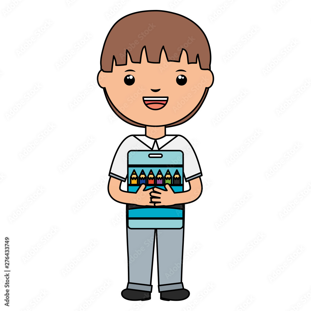 cute little student boy with colors pencils box cute little student boy with colors pencils box