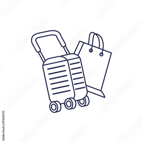 suitcase and wheels with shopping bag