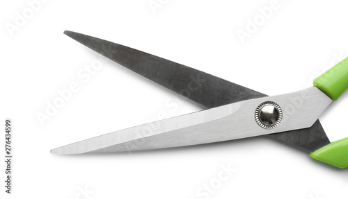 Pair of sharp scissors on white background