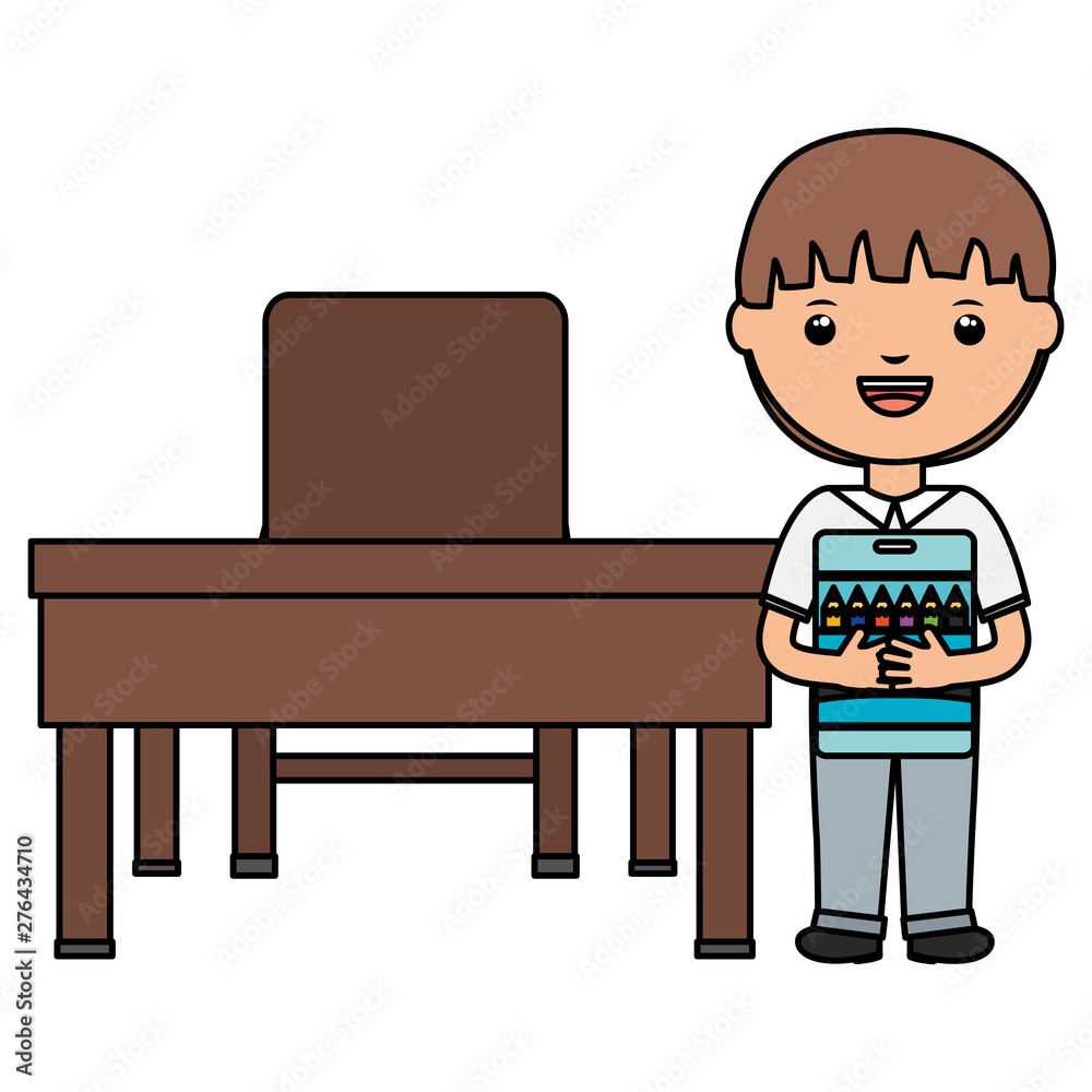 cute little student boy with colors pencils box in schooldesk cute little student boy with colors pencils box in schooldesk