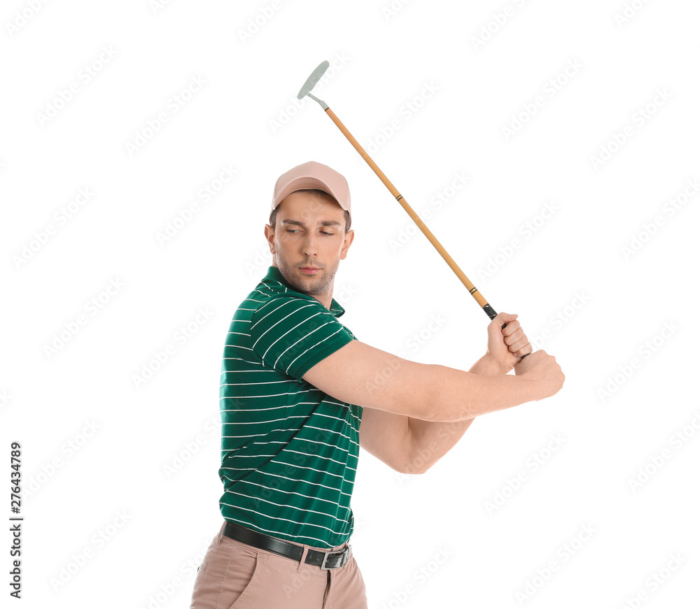 Portrait of young man with golf club isolated on white Portrait of young man with golf club isolated on white