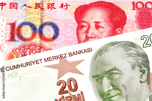A close up image of a red, yellow and green twenty Turkish lira bank note with a red one hundred Chinese renminbi bill in macro