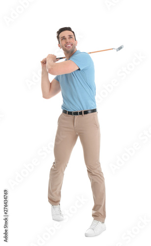 Full length portrait of man with golf club isolated on white