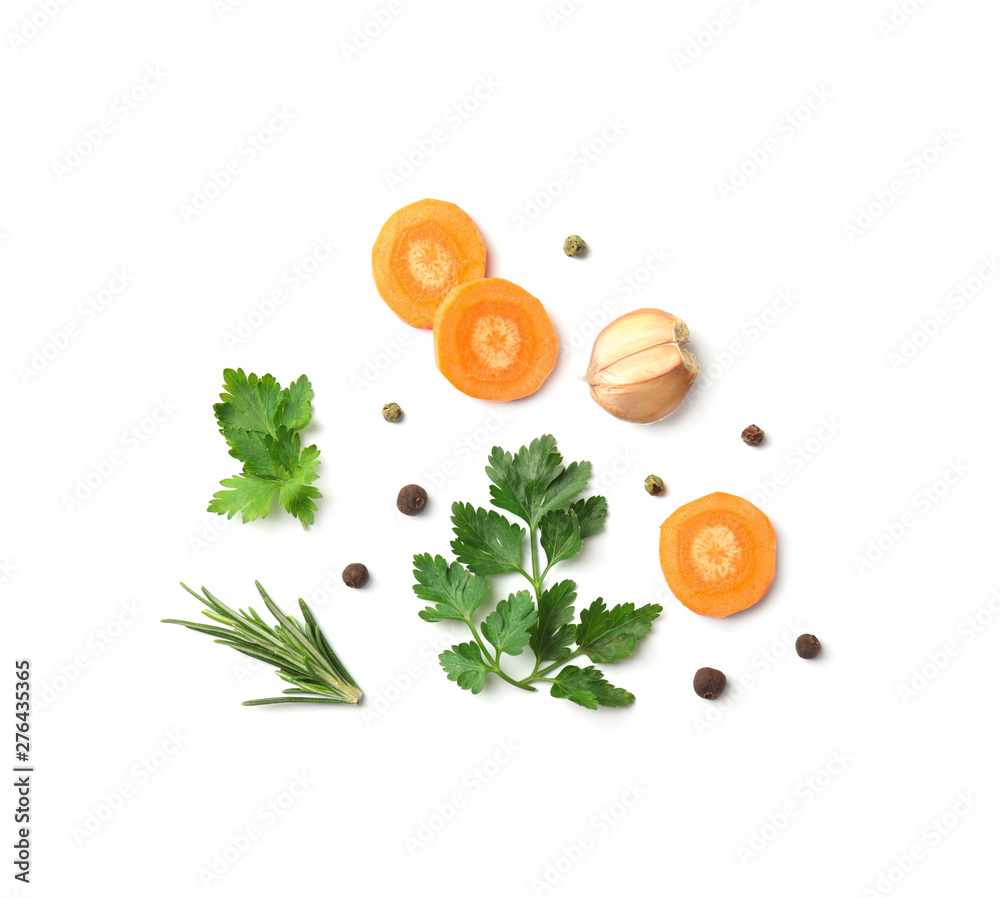 Flat lay composition with green parsley, rosemary, pepper and vegetables on white background - obrazy, fototapety, plakaty 