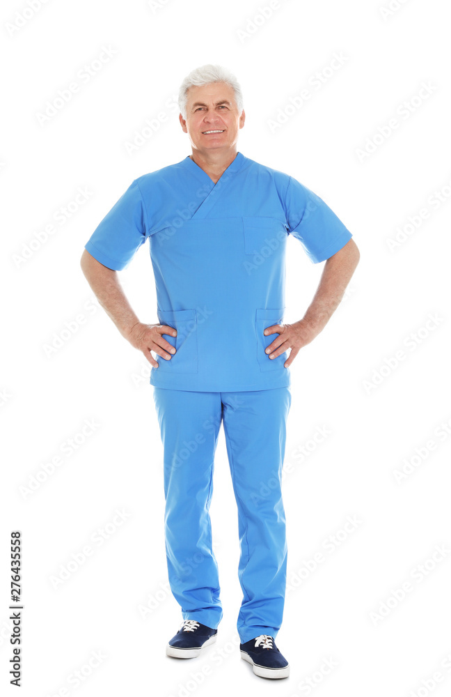 Full length portrait of male doctor in scrubs isolated on white. Medical staff Full length portrait of male doctor in scrubs isolated on white. Medical staff