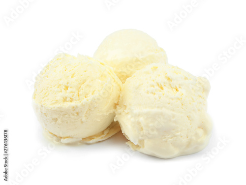 Balls of delicious vanilla ice cream on white background