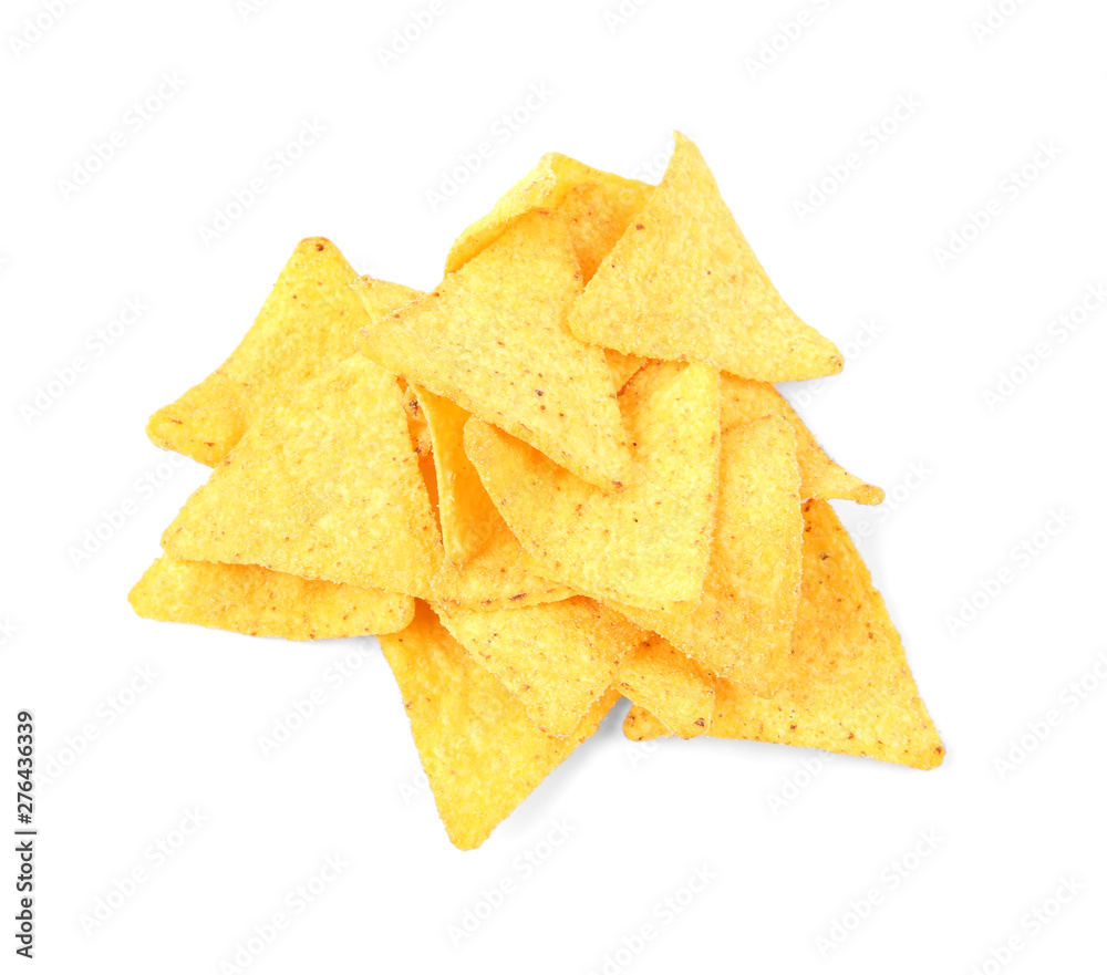 Tasty Mexican nachos chips on white background, top view