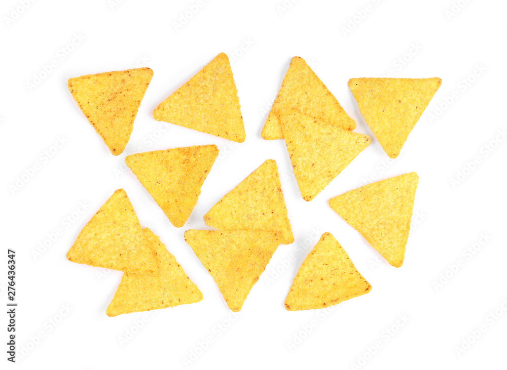 Tasty Mexican nachos chips on white background, top view Tasty Mexican nachos chips on white background, top view