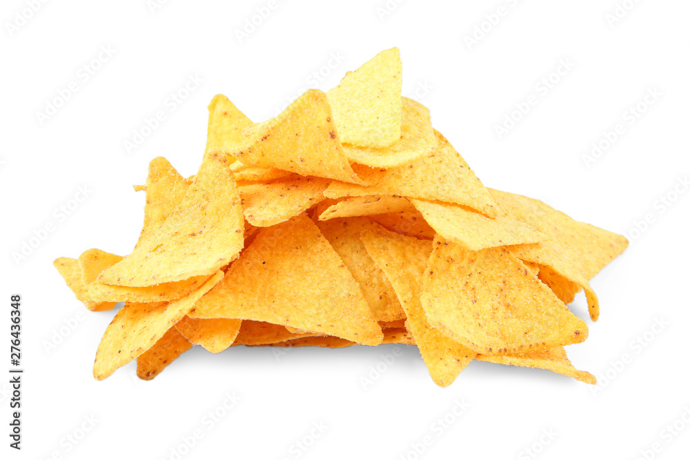 Tasty Mexican nachos chips on white background Tasty Mexican nachos chips on white background