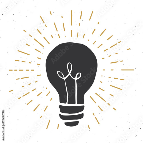 Light bulb symbol vintage label, grunge textured retro badge, typography design vector illustration