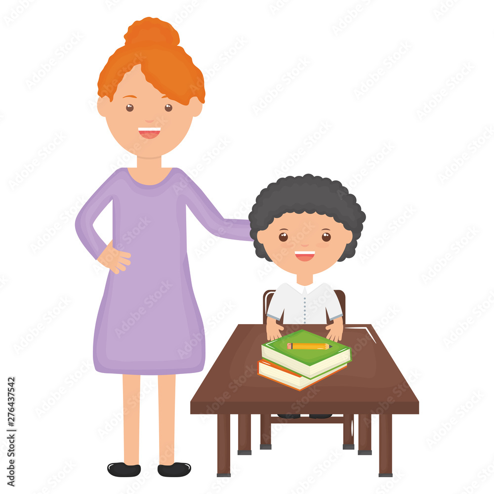 cute little student boy with female teacher in schooldesk cute little student boy with female teacher in schooldesk
