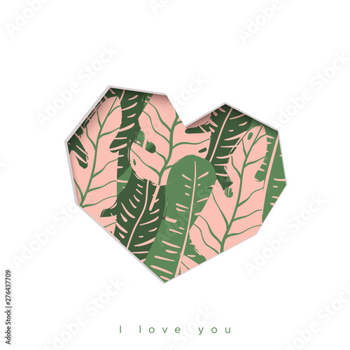 Template for greeting card in a tropical style. Heart with leaves on white background