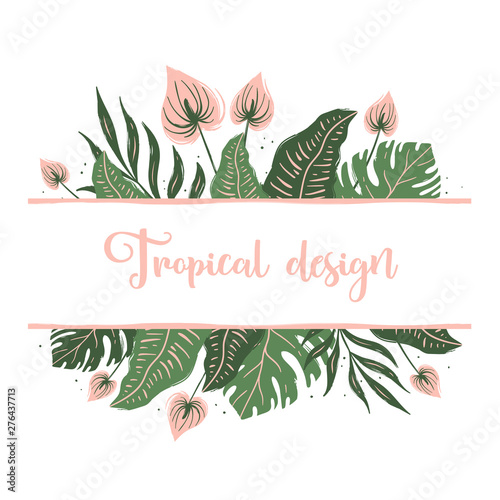 Template for greeting card with tropical leaves and flowers