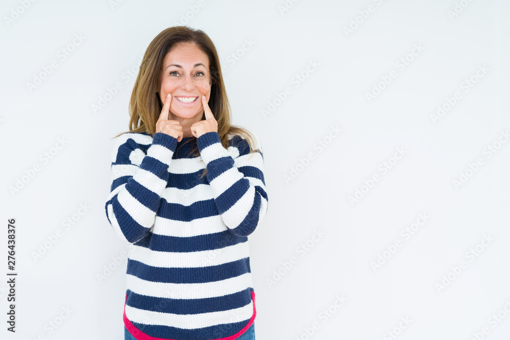 Beautiful middle age woman wearing navy sweater over isolated background Smiling with open mouth, fingers pointing and forcing cheerful smile Beautiful middle age woman wearing navy sweater over isolated background Smiling with open mouth, fingers pointing and forcing cheerful smile