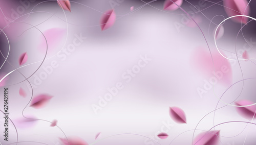Silver luxury abstract background with flying pink leaves and metal frame elegant decoration vector design