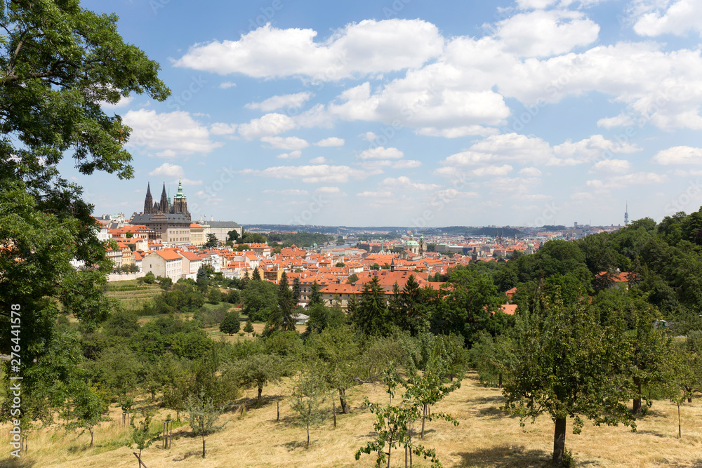 Summer Prague City with gothic Castle and the green Nature  from the Hill Petrin, Czech Republic