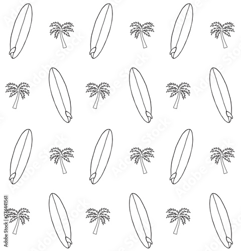 Vector seamless pattern of black line  hand drawn doodle sketch surf board and palm tree isolated on white background 